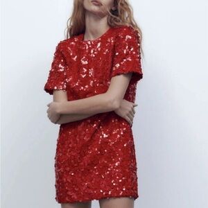 Zara Red Sequined Mini Dress Size: L